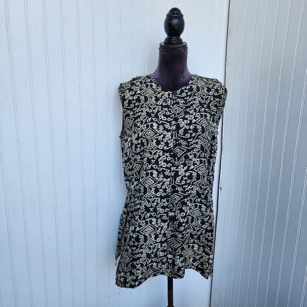 VTG Bogari Silk Button Up Tunic Top Brown Black Artsy Folk Hipster 90's Sz M